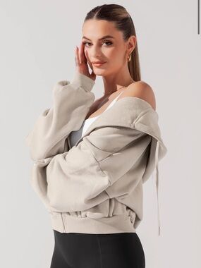 POPFLEX Cloud Hoodie Sand Beige Oversized Zip Up Sweatshirt Size S/M